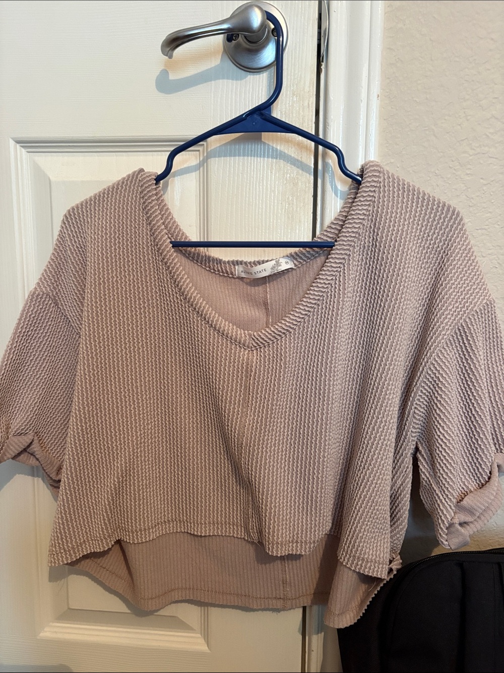 Altar'd State Taupe Waffle Knit Cropped V-Neck Top